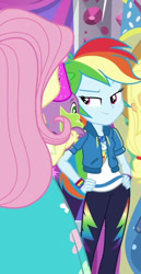 Size: 370x719 | Tagged: safe, imported from derpibooru, screencap, applejack, fluttershy, rainbow dash, spike, spike the regular dog, dog, equestria girls, equestria girls series, fomo, spoiler:eqg series (season 2), cropped, female, geode of super speed, magical geodes, smiling