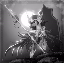Size: 2143x2100 | Tagged: safe, artist:zidanemina, imported from derpibooru, king sombra, horse, pony, unicorn, armor, crossover, grayscale, male, monochrome, saint seiya, solo, spear, weapon