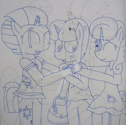 Size: 2814x2802 | Tagged: safe, artist:徐詩珮, imported from derpibooru, fizzlepop berrytwist, glitter drops, spring rain, tempest shadow, anthro, unicorn, my little pony: the movie, blushing, broken horn, female, glittershadow, horn, lesbian, lineart, mare, polyamory, shipping, springdrops, springshadow, springshadowdrops, traditional art, trio, trio female
