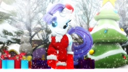 Size: 1920x1080 | Tagged: safe, artist:chocokumiko, imported from derpibooru, rarity, pony, 3d, christmas, christmas lights, christmas ornament, christmas tree, clothes, commission, costume, decoration, female, hat, holiday, present, santa costume, santa hat, snow, snowfall, solo, source filmmaker, tree