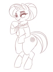 Size: 1100x1500 | Tagged: safe, artist:lamarkey, imported from derpibooru, stellar flare, pony, unicorn, bipedal, eyeshadow, female, jewelry, lip bite, makeup, monochrome, necklace, pearl necklace, simple background, smiling, solo, standing, standing up, tail, white background