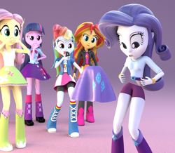 Size: 1580x1380 | Tagged: safe, artist:creatorofpony, artist:griferdfornten, imported from derpibooru, rainbow dash, rarity, sunset shimmer, twilight sparkle, equestria girls, 3d, armpits, bisection, blender, boots, boyshorts, cellphone, clothes, compression shorts, jacket, leather, leather jacket, leg warmers, modular, panties, phone, pleated skirt, purple underwear, shoes, shorts, skirt, socks, twilight sparkle (alicorn), underwear, wardrobe malfunction