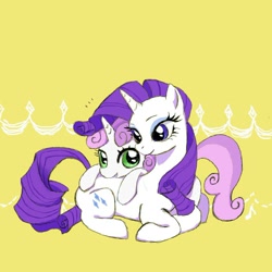Size: 900x899 | Tagged: safe, artist:puri__kyua, imported from derpibooru, rarity, sweetie belle, pony, unicorn, duo, female, filly, mare, simple background, sisters, yellow background