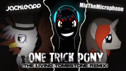 Size: 1920x1080 | Tagged: safe, artist:phantombadger, imported from derpibooru, oc, oc:jackleapp, oc:mic the microphone, oc:the living tombstone, pony, album cover, cover, cover art, mic the microphone, text, thelivingtombstone