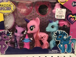 Size: 4032x3024 | Tagged: safe, imported from derpibooru, alicorn, earth pony, pony, unicorn, ages 3+, baby bottle, barcode, bootleg, brush, choking hazard, colored horn, dd's discounts, eyeshadow, g3, g3.5, horn, irl, magical unicorn, makeup, mirror, photo, price tag, toy