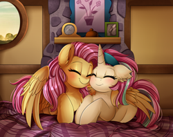 Size: 2516x1989 | Tagged: safe, artist:pridark, imported from derpibooru, fluttershy, oc, oc:platinum rose, pegasus, pony, unicorn, canon x oc, commission, cute, duo, eyes closed, female, lesbian, shipping, smiling, snuggling