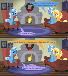 Size: 1280x1440 | Tagged: safe, artist:evil-dec0y, imported from derpibooru, jack pot, sunflower spectacle, trixie, pony, unicorn, christmas wreath, comic, dialogue, fireplace, jacktacle, trixie's parents, wreath