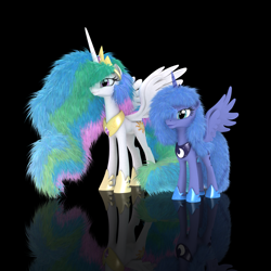 Size: 4096x4096 | Tagged: safe, artist:veryoldbrony, imported from derpibooru, princess celestia, princess luna, alicorn, pony, 3d, 3d model, black background, cute, cutelestia, female, fluffy, hair over one eye, lunabetes, mare, messy hair, messy mane, messy tail, reflection, royal sisters, simple background, smiling, spread wings, wings