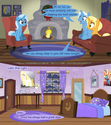 Size: 1280x1440 | Tagged: safe, artist:evil-dec0y, imported from derpibooru, jack pot, prince blueblood, sunflower spectacle, trixie, pony, unicorn, bed, bedroom, bluetrix, christmas wreath, comic, dialogue, female, fireplace, grounded, jacktacle, male, mirror, shipping, straight, trixie's parents, wreath