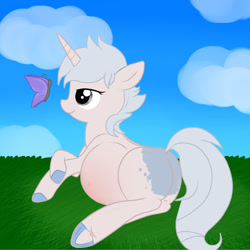Size: 1280x1280 | Tagged: safe, artist:preggyponies-4u, imported from derpibooru, oc, oc:frosty cream, butterfly, pony, unicorn, belly, belly blush, big belly, cute, female, grass, kicking, mare, outdoors, pregnant