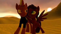 Size: 1024x576 | Tagged: safe, artist:jflash123, imported from derpibooru, oc, oc:commander firebrand, oc:firebrand, oc:ink rose, pony, 3d, desert, oc x oc, shipping, source filmmaker