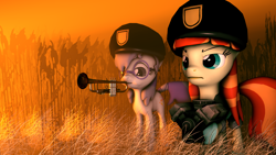Size: 1920x1080 | Tagged: safe, artist:sourcerabbit, imported from derpibooru, oc, oc only, oc:film flick, oc:glass sight, pony, 3d, engine, musical instrument, source filmmaker, trumpet