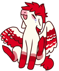 Size: 250x300 | Tagged: safe, artist:guidomista, artist:miiistaaa, artist:nijimillions, imported from derpibooru, oc, oc only, oc:bloodshot, pegasus, pony, chibi, crying, cute, cutesy, droopy ears, eyes closed, floppy ears, head back, laughing, male, markings, red, simple, sitting, smiling, solo, spiky hair, spiky mane, spread wings, stallion, swings spread, white, wings