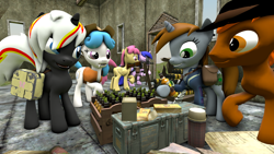 Size: 1920x1080 | Tagged: safe, artist:fd-daylight, imported from derpibooru, oc, oc only, oc:calamity, oc:littlepip, oc:velvet remedy, pegasus, pony, unicorn, fallout equestria, 3d, butt, clothes, cowboy hat, dashite, fanfic, fanfic art, female, fluttershy medical saddlebag, grin, hat, hooves, horn, jumpsuit, male, mare, medical saddlebag, open mouth, pipbuck, plot, saddle bag, smiling, source filmmaker, stallion, vault suit, wings