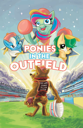 Size: 1650x2550 | Tagged: safe, artist:lytlethelemur, imported from derpibooru, oc, oc:champion, oc:gimbal lock, oc:mutt, oc:nutmeg, diamond dog, earth pony, pegasus, pony, unicorn, comic:ponies in the outfield, buckball, bucket, clothes, cover, female, male, mare, stadium