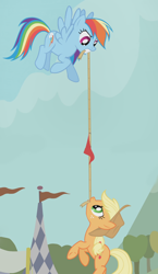 Size: 1560x2683 | Tagged: safe, composite screencap, edit, edited screencap, imported from derpibooru, screencap, applejack, rainbow dash, earth pony, pegasus, pony, fall weather friends, cheating, competition, flag, flying, hanging, mouth hold, panorama, rope, tug of war