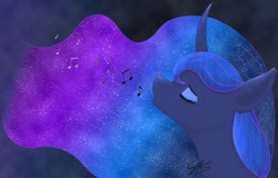 Size: 1280x819 | Tagged: safe, artist:novahkiin707, imported from derpibooru, princess luna, alicorn, pony, bust, curved horn, cute, ear fluff, ethereal mane, eyes closed, female, galaxy mane, horn, lunabetes, music notes, portrait, profile, signature, singing, solo, starry mane