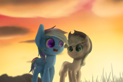 Size: 1910x1280 | Tagged: safe, artist:phoenixrk49, imported from derpibooru, applejack, rainbow dash, pony, cloud, cute, dashabetes, duo, dusk, female, jackabetes, open mouth, sky, smiling, solo