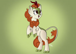 Size: 1920x1358 | Tagged: safe, artist:sadtrooper, imported from derpibooru, autumn blaze, kirin, sounds of silence, awwtumn blaze, cloven hooves, cute, female, gradient background, green background, happy, hooves up, leonine tail, open mouth, quadrupedal, rearing, signature, simple background, smiling, solo