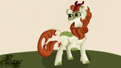Size: 1920x1080 | Tagged: safe, artist:sadtrooper, imported from derpibooru, autumn blaze, kirin, sounds of silence, awwtumn blaze, cloven hooves, cute, female, happy, leonine tail, open mouth, quadrupedal, raised hoof, signature, smiling, solo, watermark