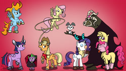 Size: 1920x1080 | Tagged: safe, artist:sadtrooper, imported from derpibooru, angel bunny, applejack, arizona cow, fhtng th§ ¿nsp§kbl, fluttershy, harry, oleander, paprika paca, pinkie pie, pom lamb, rainbow dash, rarity, spike, tianhuo, twilight sparkle, velvet reindeer, alicorn, alpaca, bear, dragon, earth pony, pegasus, pony, unicorn, them's fightin' herds, arizona (tfh), atg 2018, book, clothes, community related, cosplay, costume, crossover, eyes closed, female, fightin' six, flying, huggles, male, mane seven, mane six, mare, newbie artist training grounds, oleander (tfh), paprika (tfh), pom (tfh), raised hoof, red background, rope, signature, simple background, smiling, tianhuo (tfh), tongue out, twilight sparkle (alicorn), unicornomicon, velvet (tfh), watermark, wings