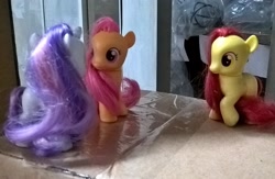 Size: 2306x1506 | Tagged: safe, artist:edhelistar, derpibooru exclusive, imported from derpibooru, apple bloom, scootaloo, sweetie belle, earth pony, pegasus, pony, unicorn, brushable, cardboard box, cutie mark crusaders, egg beater, irl, looking at each other, photo, plastic bag, this will end covered in tree sap, this will end in tears and/or death and/or covered in tree sap, this will end in tree sap, toy