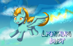 Size: 1124x711 | Tagged: safe, artist:sonleeforever5, imported from derpibooru, lightning dust, pegasus, pony, cloud, cute, dustabetes, female, flying, lightning, mare, open mouth, reflection, sky, smiling, solo, sparkles, wings, zoom layer