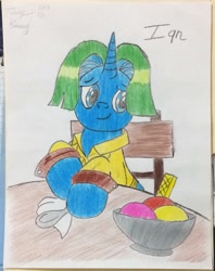 Size: 1521x1920 | Tagged: safe, artist:jerrykenway, imported from derpibooru, oc, oc:ian nevla, unicorn, chair, clothes, food, ice cream, male, table, traditional art, vest