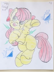 Size: 1500x2000 | Tagged: safe, artist:jerrykenway, imported from derpibooru, apple bloom, pony, robot, robot pony, apple bloom bot, bow, chips, female, filly, food, traditional art, wrong eye color