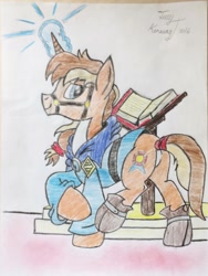 Size: 1440x1920 | Tagged: safe, artist:jerrykenway, imported from derpibooru, oc, oc:jerry kenway, pony, unicorn, book, boots, bridle, clothes, magic, male, shoes, tack, traditional art, uniform