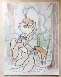 Size: 1545x1920 | Tagged: safe, artist:jerrykenway, imported from derpibooru, oc, oc:jerry kenway, pony, unicorn, bipedal, forest, magic, male, traditional art