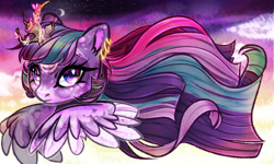 Size: 1280x768 | Tagged: safe, artist:schokocream, imported from derpibooru, twilight sparkle, alicorn, pony, ethereal mane, floating wings, moon, princess, sky, stars, sunset, tree, twilight sparkle (alicorn), wings