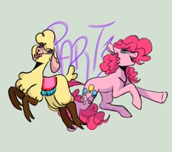 Size: 813x720 | Tagged: safe, artist:sleepymangos, imported from derpibooru, paprika paca, pinkie pie, alpaca, them's fightin' herds, community related, duo, eye clipping through hair, floppy ears, gray background, looking at each other, open mouth, paprika (tfh), simple background, text, tongue out