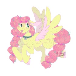 Size: 753x753 | Tagged: safe, artist:sleepymangos, imported from derpibooru, fluttershy, pegasus, pony, big ears, blushing, braid, braided ponytail, braided tail, cloven hooves, coat markings, collar, dappled, diamond, eyebrows, eyebrows visible through hair, female, floppy ears, mare, redraw, simple background, solo, spread wings, tongue out, unshorn fetlocks, white background, wings