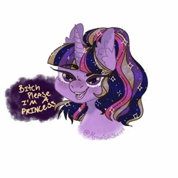 Size: 626x626 | Tagged: safe, artist:sleepymangos, imported from derpibooru, twilight sparkle, alicorn, pony, bitch please, bust, ear fluff, ethereal mane, eyebrows, eyebrows visible through hair, female, jewelry, mare, open mouth, rainbow power, raised eyebrow, simple background, solo, speech bubble, starry eyes, starry mane, tiara, twilight sparkle (alicorn), vulgar, white background, wingding eyes