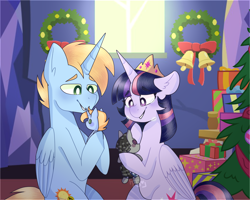 Size: 2000x1600 | Tagged: safe, artist:foxysparkle, imported from derpibooru, smarty pants, twilight sparkle, oc, oc:harmony star, alicorn, pony, best gift ever, alicorn oc, canon x oc, christmas, christmas tree, doll, female, holiday, male, pony dolls, present, shipping, stallion, straight, toy, tree, twilight sparkle (alicorn), twimony