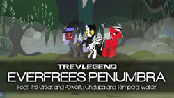 Size: 1920x1080 | Tagged: safe, artist:phantombadger, imported from derpibooru, oc, oc only, oc:temporal walker, oc:tgapchalupa, oc:trevlegend, pony, album cover, cover, cover art, everfree forest, forest, temporal walker, text, tgapchalupa, tree, trevlegend, vector