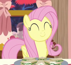 Size: 566x517 | Tagged: safe, imported from derpibooru, screencap, fluttershy, pony, discordant harmony, cropped, cute, eyes closed, female, food, mare, sandwich, shyabetes, smiling, solo