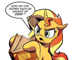 Size: 1406x1112 | Tagged: safe, edit, idw, imported from derpibooru, sunset shimmer, pony, unicorn, spoiler:comic, angry, female, official comic, reaction image, simple background, solo, the fall of sunset shimmer, transparent background, vulgar, what the fuck am i reading