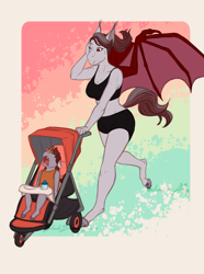 Size: 2247x3015 | Tagged: safe, artist:blackblood-queen, imported from derpibooru, oc, oc only, oc:pepper zest, oc:scarlet quill, anthro, bat pony, unguligrade anthro, anthro oc, baby, baby bottle, bat pony oc, clothes, commission, drool, eyes closed, fangs, female, filly, jogging, mare, milf, mother and daughter, offspring, one eye closed, parent:oc:savory zest, parent:oc:scarlet quill, parents:oc x oc, parents:scarlory, sleeping, slit eyes, slit pupils, sports bra, sports shorts, stroller, sweat, toddler