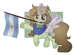 Size: 1024x752 | Tagged: safe, artist:foxysparkle, imported from derpibooru, oc, oc only, oc:margaret, pony, unicorn, argentina, artificial wings, augmented, base used, female, flag, magic, magic wings, mare, mouth hold, solo, wings