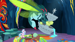 Size: 2100x1178 | Tagged: safe, imported from derpibooru, screencap, ocellus, silverstream, yona, classical hippogriff, hippogriff, yak, uprooted, bucket, carrying, cave, cave of harmony, changeling mega evolution, disguise, disguised changeling, female, flying, fountain, mural, paint, paint bucket, stinger, trio, water