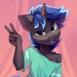 Size: 658x658 | Tagged: safe, artist:lispp, imported from derpibooru, oc, oc only, oc:lock down, anthro, unicorn, clothes, cute, fluffy, horn, looking at you, male, peace sign, smiling, solo, unicorn oc