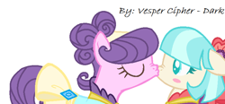 Size: 764x354 | Tagged: safe, artist:vesper-cipher-dark, imported from derpibooru, coco pommel, suri polomare, earth pony, pony, blushing, clothes, cocopolo, dress, eyes closed, female, kissing, lesbian, mare, scrunchy face, shipping, simple background, surprised, white background