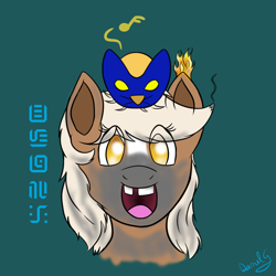 Size: 1000x1000 | Tagged: safe, artist:darnelg, imported from derpibooru, pony, bombchu, bust, duo, epona, eponadorable, female, gap teeth, green background, happy, mare, portrait, simple background, singed, the legend of zelda, the legend of zelda: ocarina of time