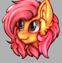 Size: 1356x1368 | Tagged: safe, artist:deraniel, imported from derpibooru, fluttershy, pegasus, pony, bust, cheek fluff, ear fluff, female, gray background, looking away, mare, portrait, simple background, smiling, solo, three quarter view