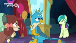 Size: 1920x1080 | Tagged: safe, imported from derpibooru, screencap, gallus, sandbar, yona, earth pony, griffon, pony, yak, uprooted, bow, cloven hooves, female, hair bow, headphones, hoof hold, male, monkey swings, teenager