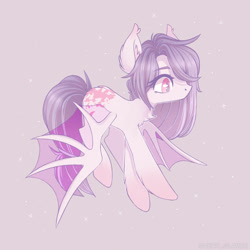 Size: 894x894 | Tagged: safe, artist:vert_glamis, imported from derpibooru, oc, oc only, bat pony, pony, bat pony oc, butt fluff, chest fluff, cute, ear fluff, ear tufts, female, hair over one eye, leg fluff, ocbetes, purple background, simple background, solo, transparent wings