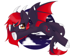 Size: 1032x774 | Tagged: safe, artist:vert_glamis, imported from derpibooru, oc, oc only, oc:scarlet spectrum, dracony, hybrid, cloud, cloven hooves, cute, ear fluff, eye clipping through hair, female, flying, night, ocbetes, sky, solo, stars