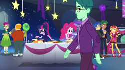 Size: 1280x720 | Tagged: safe, imported from derpibooru, screencap, brawly beats, cosmo quark, crimson napalm, flash sentry, gloriosa daisy, grassy knoll (character), grassy knoll (g4), ringo, sci-twi, sunset shimmer, thick coat, thunderbass, timber spruce, twilight sparkle, equestria girls, equestria girls series, twilight under the stars, spoiler:eqg series (season 2), background human, bald, balloon, clothes, converse, cup, female, food, glasses, high heels, legs, male, male pattern baldness, pants, ponytail, shoes, smiling